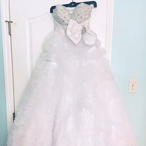 White & Silver Embellished Sweetheart Long Tulle Ruffle Ball Gown Designer Dress